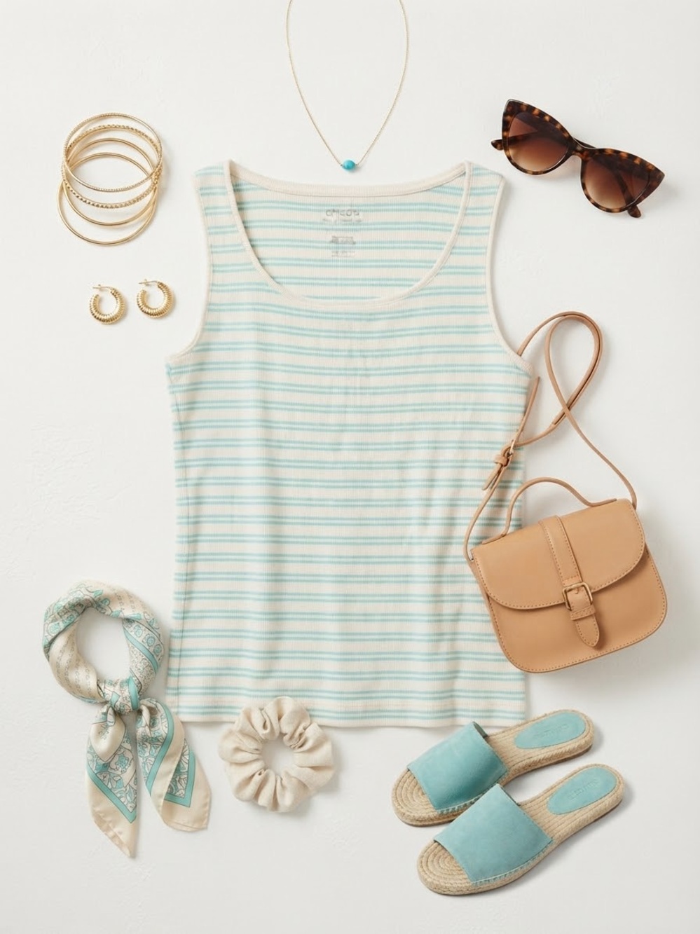Chico's Cream and Light Blue Striped Tank